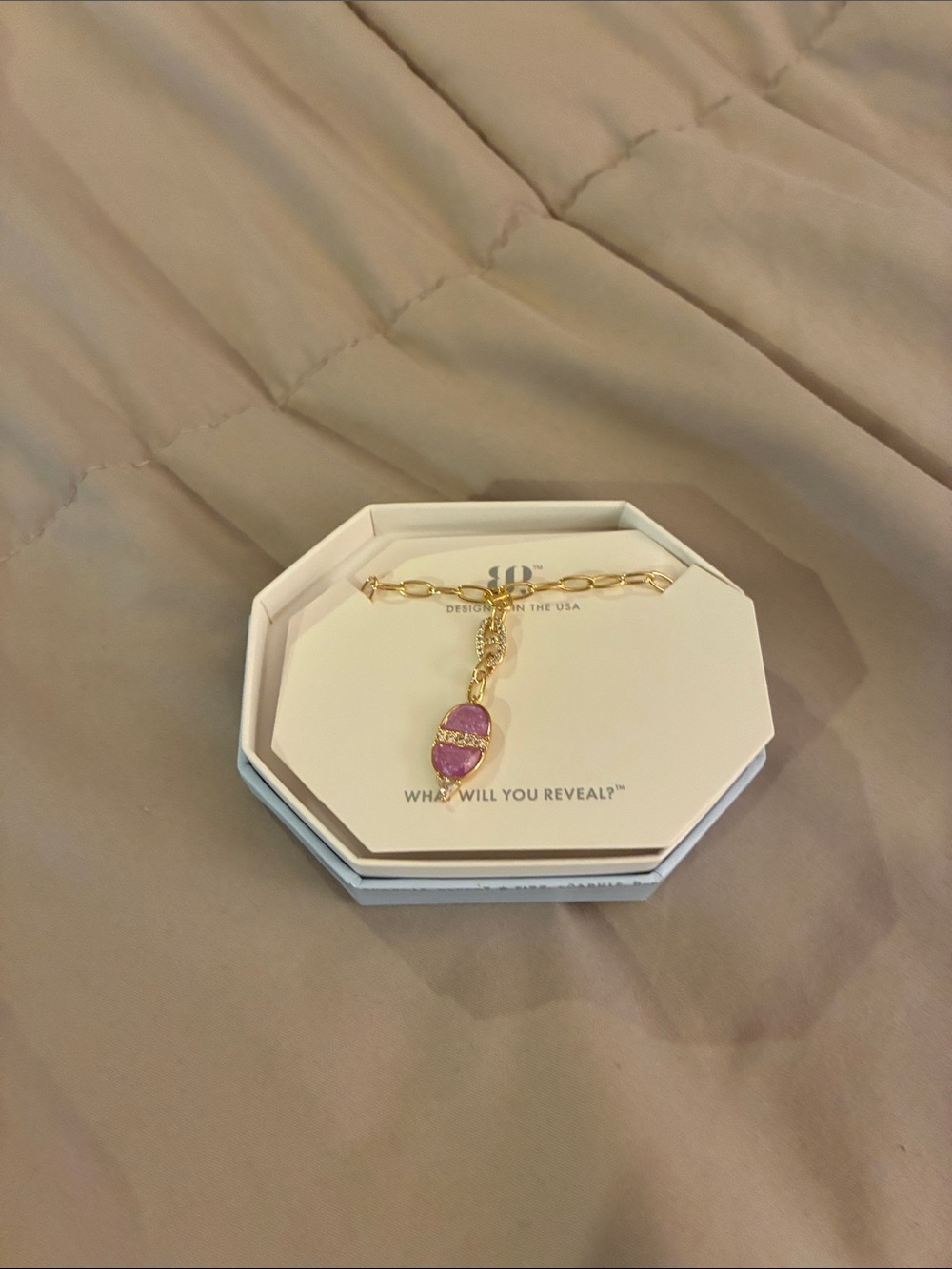 Gold Link Bracelet with Pink Enamel Charm by